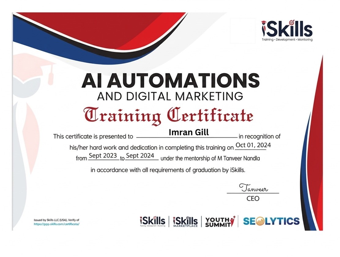 iSkills AI automations and digital marketing training certificate